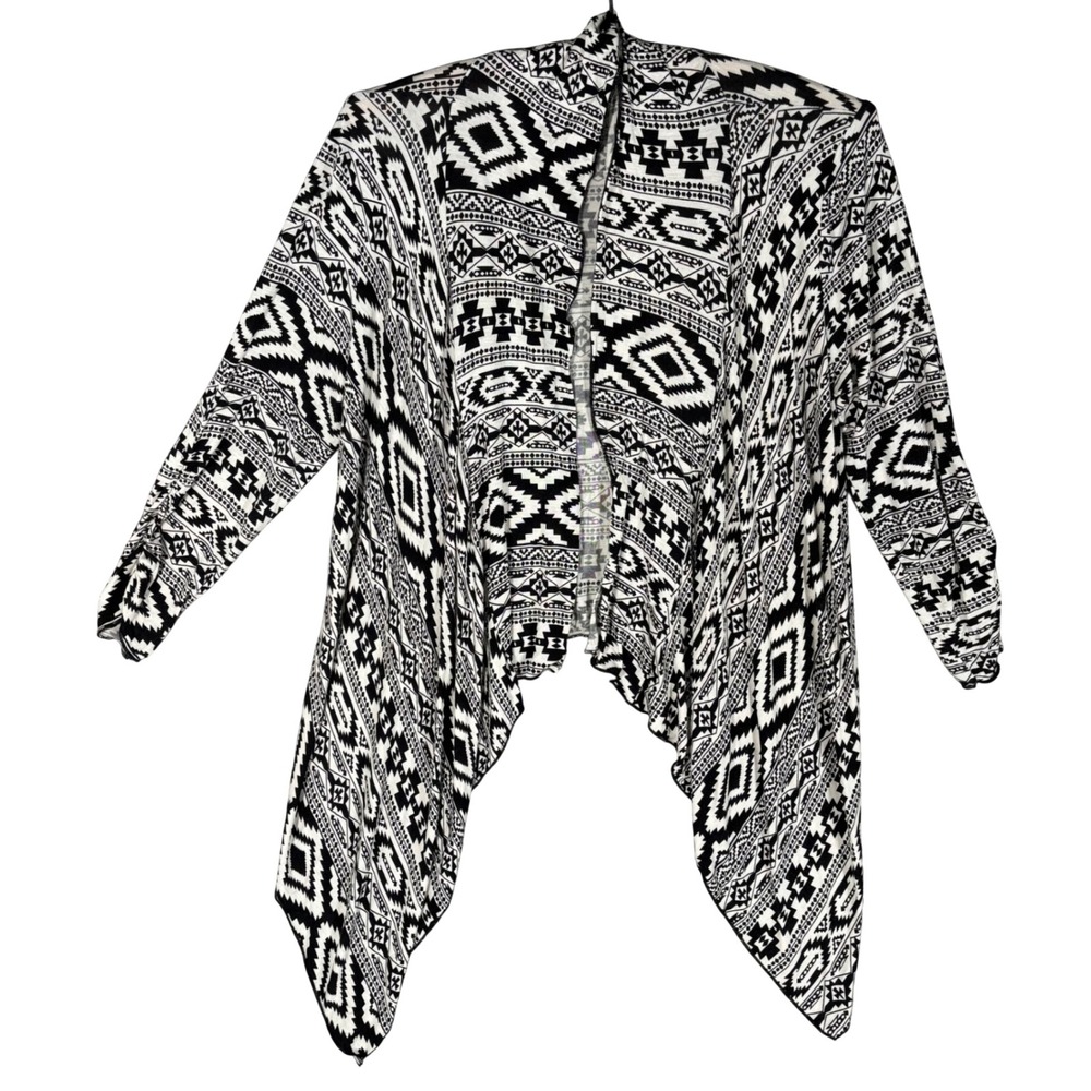 Living Doll Womens M Aztec Geometric Open Front Waterfall Cardigan Black White